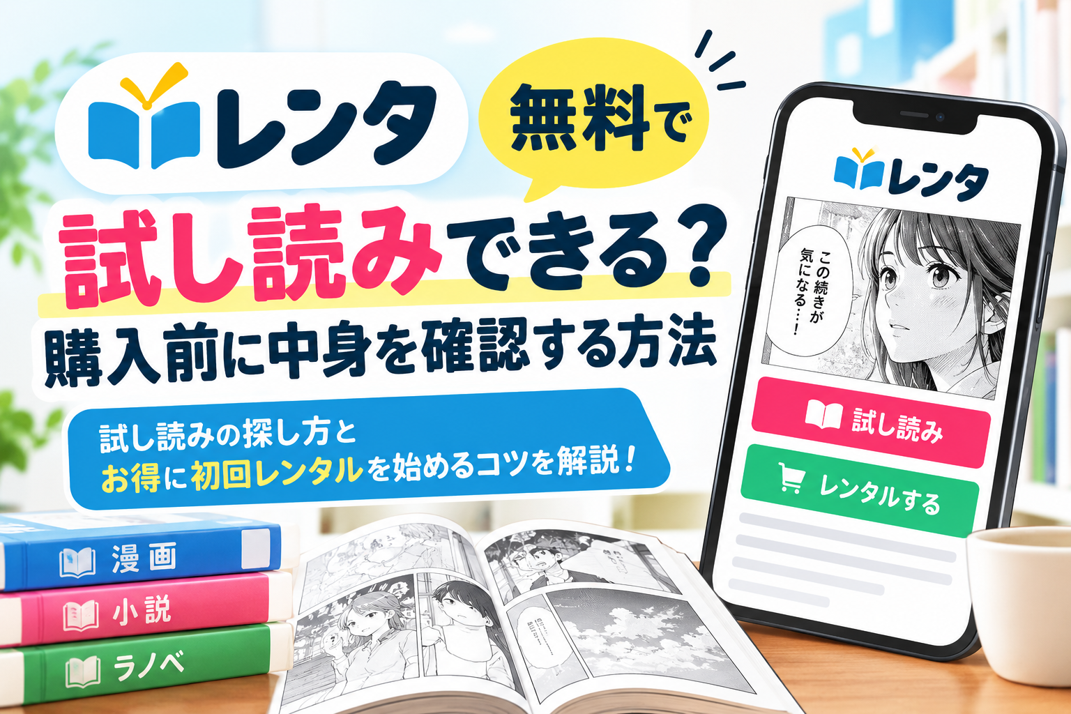 「レンタ」は無料で試し読みできる？購入前に中身を確認する方法｜漫画・小説・ラノベの本が積まれたイラストと、スマホ画面に表示された「試し読み」「レンタルする」ボタンのあるレンタアプリ画面を示すアイキャッチ画像